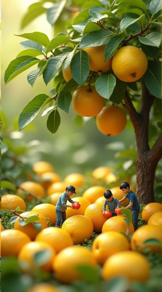 Creative poster, about the arrival of spring, mini world, under a lemon pomelo tree, several large pomelo lemons fall to the ground, surrounded by many small people working, studio lighting, vertical shooting, 8k, high-quality, ultra-fine clips