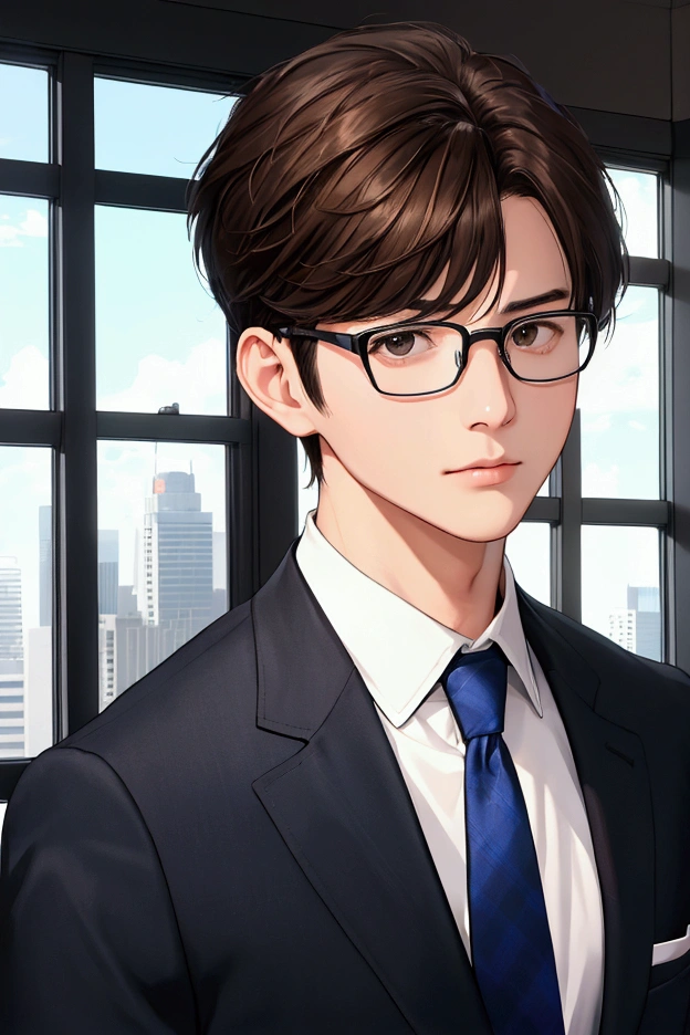 #Uncle Ike #30tower #Face facing left #refreshingな満面のやさしい笑顔 #Looking slightly out of the corner of my eye #Hairstyle(a little brown hair、Short Hair、refreshing) #A cool blue checked suit #The background is warm #Black-rimmed glasses(The frame is fine) #The shirt is black