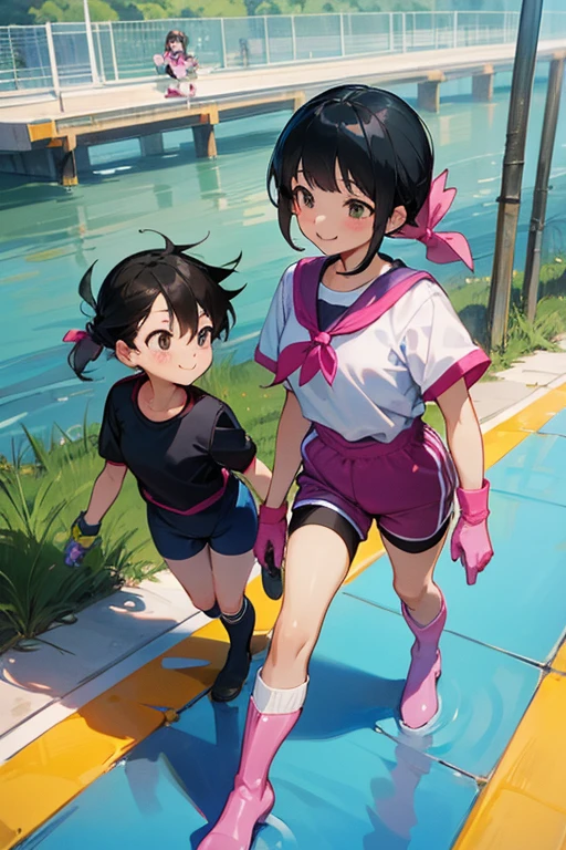 A pair of elementary school students with their black hair tied up, wearing large pink rubber gloves, white rubber boots, blue short-sleeved shorts, gym clothes and gym caps, and smiling, picking up trash on the riverbank