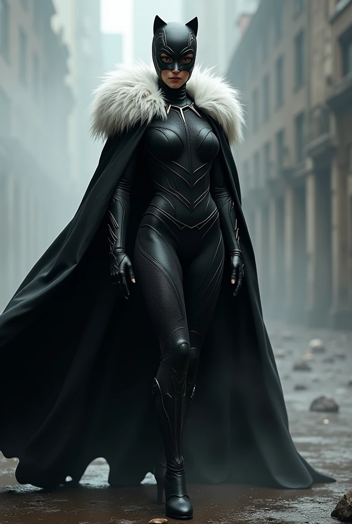 1 woman, superhero, black panther, black cape, white fur collar