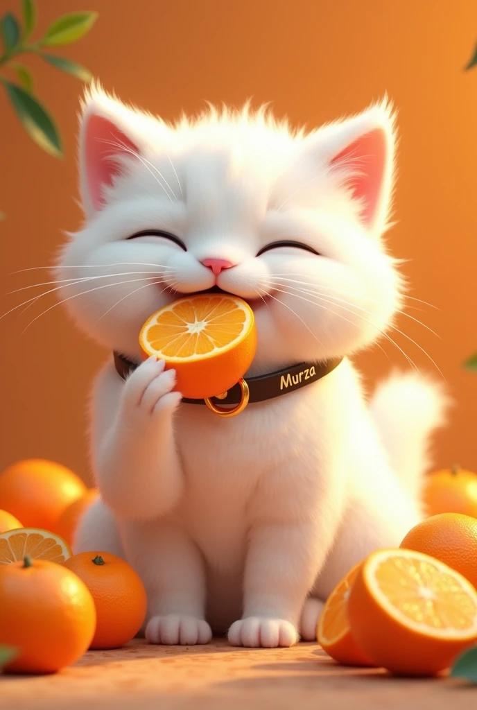 White fluffy cat in tangerines, who eats tangerines, in a collar with the inscription Murza