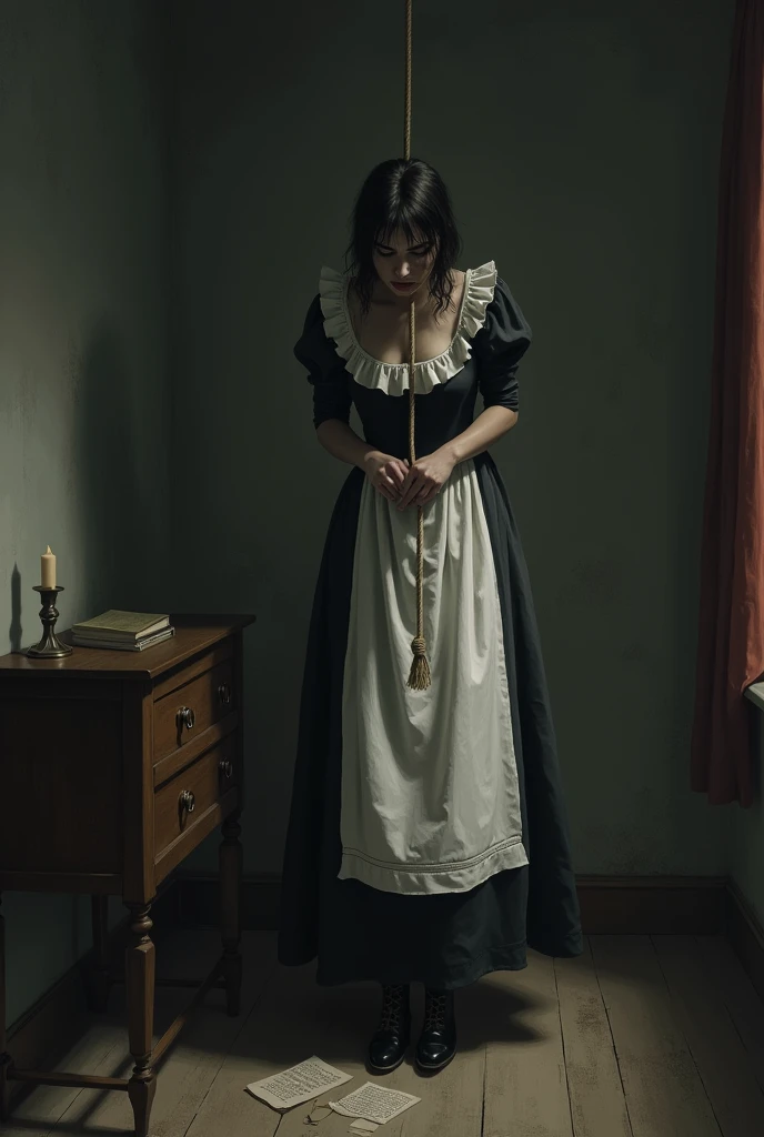 The maid stood on a chair and put a noose around her neck.