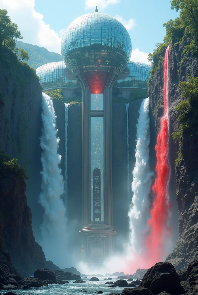 High tower, glass dome, between two waterfalls, red waterfall.