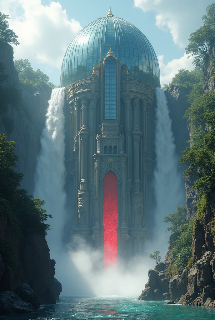 High tower, glass dome, between two waterfalls, red waterfall.