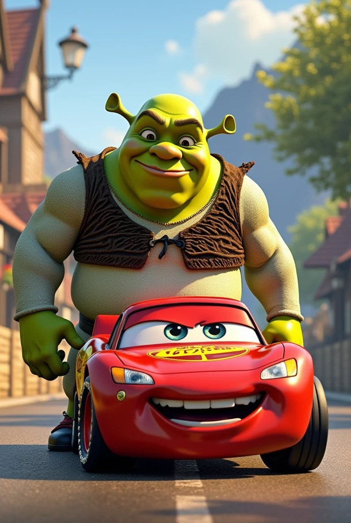 Crée moi une image de Shrek qui se reproduit avec Flash McQueen