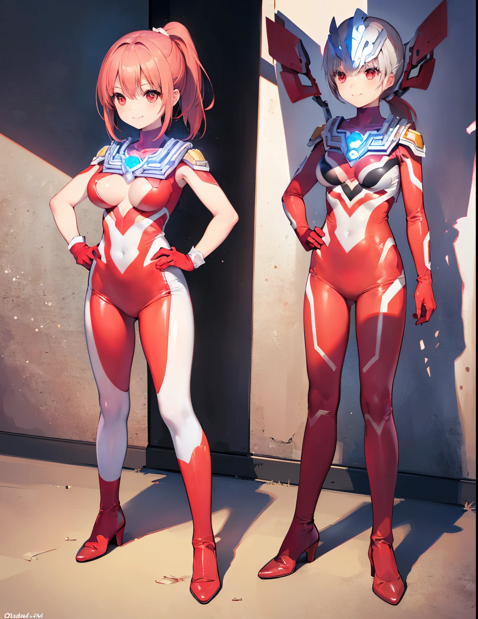 (Close-up:1.3),Realistic,Highest quality, Ultra Detail, High-quality CG rendering, The most delicate and beautiful, Floating softly, High resolution, (1 female), (Highest quality,4K,8k,masterpiece:1.2),(All red hair:1.5), (ponytail:1.5),(Red eyes:1.5), (Ultra Girl:1.0), (All red Ultraman bodysuit:1.5),(Do not expose your skin:1.5),(Slightly larger breasts:1.5),(Red gloves:1.3),(Red Shoes:1.3),(whole body:1.3),(smile:1.3),Small room,(Are standing:1.4),(Place your hands on your hips:1.3),(front:1.3)