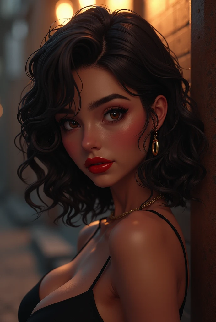 brunette woman, dark brown skin, bee ready, medium length curly, eyes as dark as the night, slenderbody?, small and wide nose, fleshy mouth with red lipstick in 3d anime drawing shape
