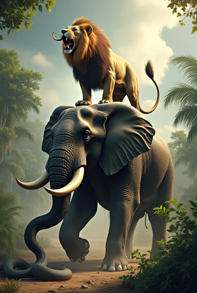 Lion seating on the elephant and having fight with Cobra