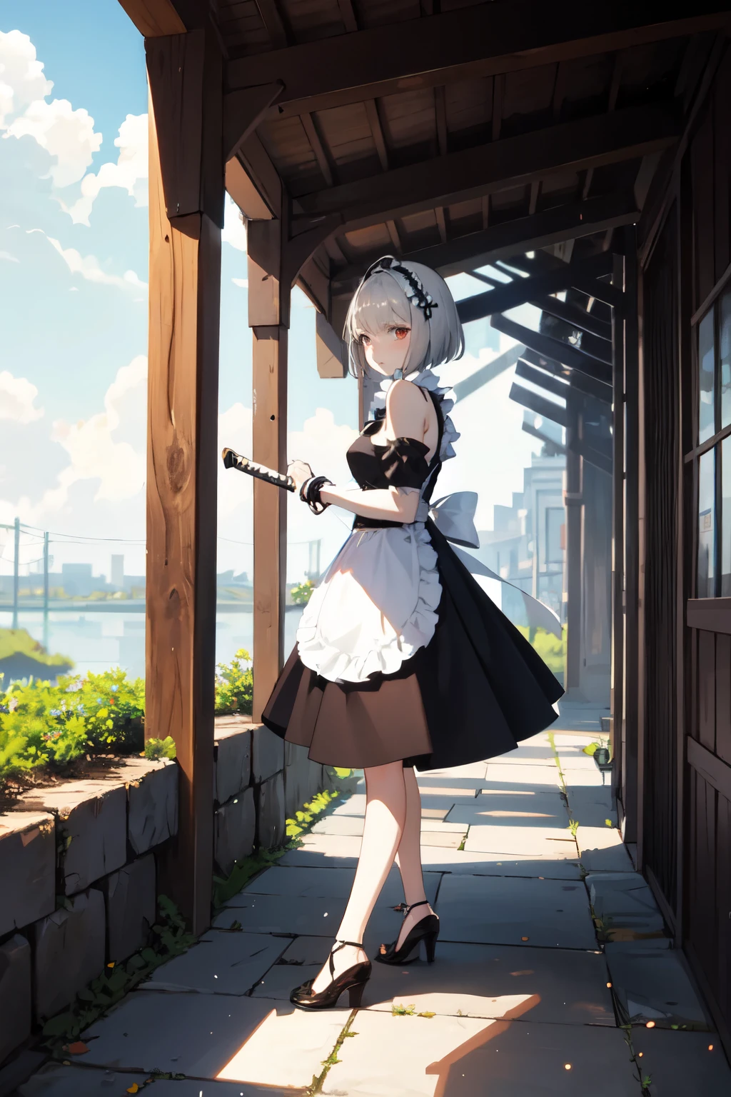 One person, Gray Hair,maid,Bobcut,Angel、Adventurer、An illustration、Red Eye、anime、sword、battle、Monster　Outdoor