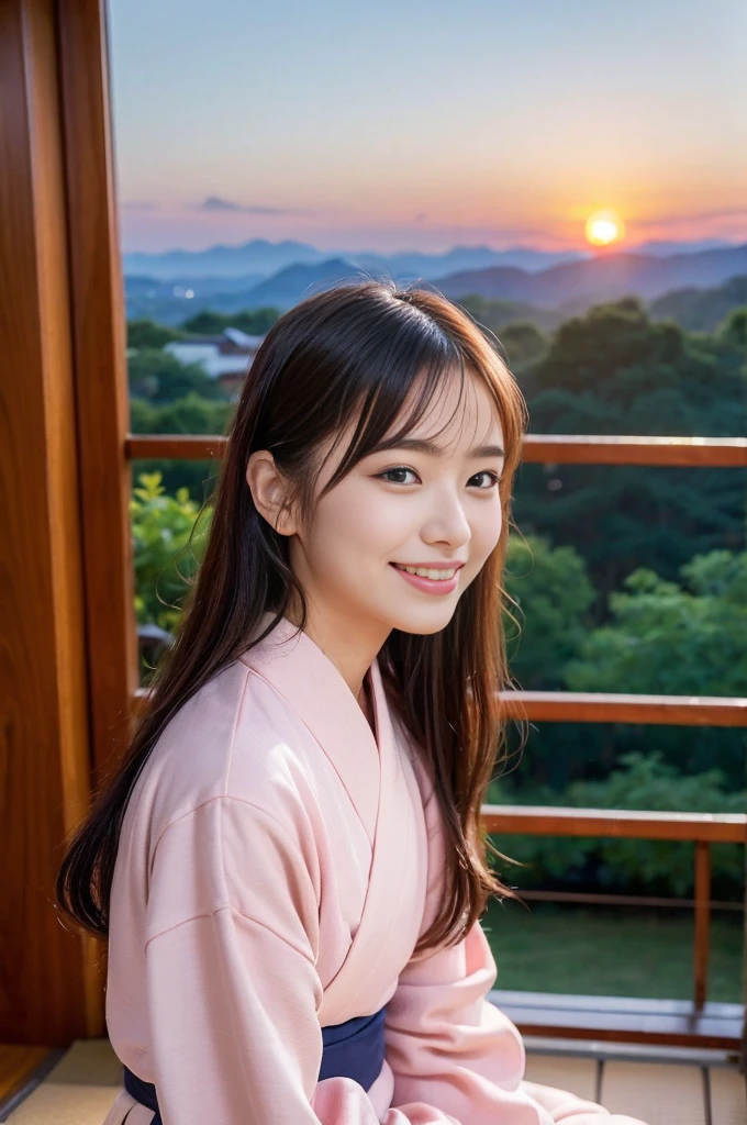 (natta:1.7), East Asian Architecture, 1womanl,Sitting on tatami mats, brunette color hair,(hair between eye), Lip flap, ,Beautiful fingers,Beautiful long legs,Beauty Body,Cute nose,Beautiful character design,perfect eyes,face perfect,looking at viewert,(Smile:0.3),offcial art,Very detailed CG Unity 8K wallpaper,Perfect litthing, 超A high resolution, nffsw, hight resolution, the background is blurred, Bokeh:1.2, (Beautiful_Face:1.5),(8K,Raw photo, 、Relax at a ryokan in Japan、The background is the open-air bath at night at a hot spring inn (Girls are not subjects:1.3) (Hair after a bath:1.3),(Hair is wet:1.3) ((Girls are not subjects:1.2))((Draw a wide night background:1.2),,(Yukata does not need gloss at all:1.5)),((No need for a Korean yukata or Korean-style hairstyle.:1.5)),((Faithfully and realistically reproduce a pure Japan yukata:1.5))((Light Pink Band:1.3)),((The background is the entrance living room、At night, Overlooking the inn's large and beautiful gardens..:1.3)),((8th class))、((Light Pink Band:1.5)) ((Beautiful shiny straight short long:1.5)) sixteen years old、((Beautiful shiny straight short long:1.5))((Pink Band))、((The color of the yukata is pink:1.3),(Faithfully and realistically reproduce the obi of a yukata:1.3) ((Faithfully and realistically reproduce a pure Japan yukata:1.5)),a sense of depth、Night Hostel (You can see a beautiful sunset outside.:1.3) sixteen years old、
