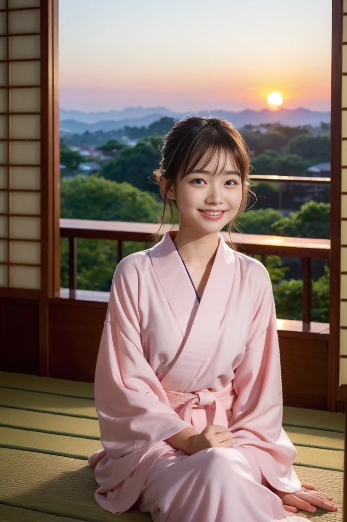 (natta:1.7), East Asian Architecture, 1womanl,Sitting on tatami mats, brunette color hair，（hair between eye）, Lip flap, ,Beautiful fingers,Beautiful long legs,Beauty Body，Cute nose，Beautiful character design，perfect  eyes，face perfect，looking at viewert，（Smile：0.3），offcial art，Very detailed CG Unity 8K wallpaper，Perfect litthing， 超A high resolution, nffsw, hight resolution, the background is blurred, Bokeh:1.2,  (Beautiful_Face:1.5),(8K,Raw photo, 、Relax at a ryokan in Japan、The background is the open-air bath at night at a hot spring inn (Girls are not subjects:1.3) (Hair after a bath:1.3),(Hair is wet:1.3) ((Girls are not subjects:1.2))((Draw a wide night background:1.2),,(Yukata does not need gloss at all:1.5)),((No need for a Korean yukata or Korean-style hairstyle.:1.5)),((Faithfully and realistically reproduce a pure Japan yukata:1.5))((Light Pink Band:1.3)),((The background is the entrance living room、At night, Overlooking the inn's large and beautiful gardens..:1.3)),((8th class))、((Light Pink Band:1.5)) ((Beautiful shiny straight short long:1.5)) sixteen years old、((Beautiful shiny straight short long:1.5))((Pink Band))、((The color of the yukata is pink:1.3),(Faithfully and realistically reproduce the obi of a yukata:1.3) ((Faithfully and realistically reproduce a pure Japan yukata:1.5)),a sense of depth、Night Hostel　 (You can see a beautiful sunset outside.:1.3) sixteen years old、