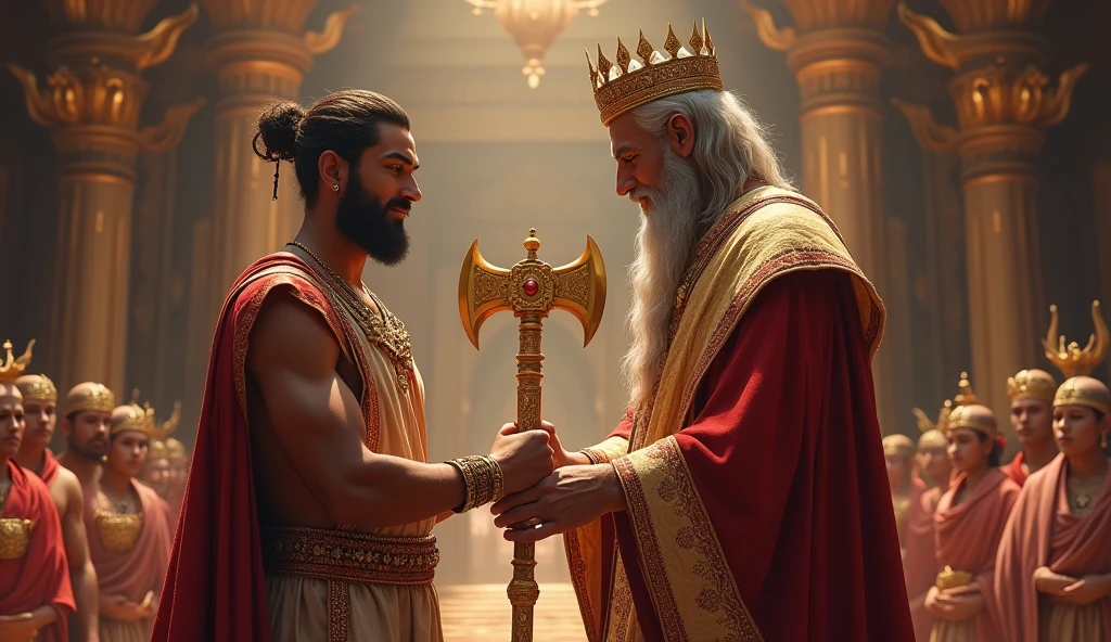 The king handing a golden axe back to Ramoo as a reward. Ramoo is smiling gratefully, holding the axe with reverence, while the king nods approvingly.