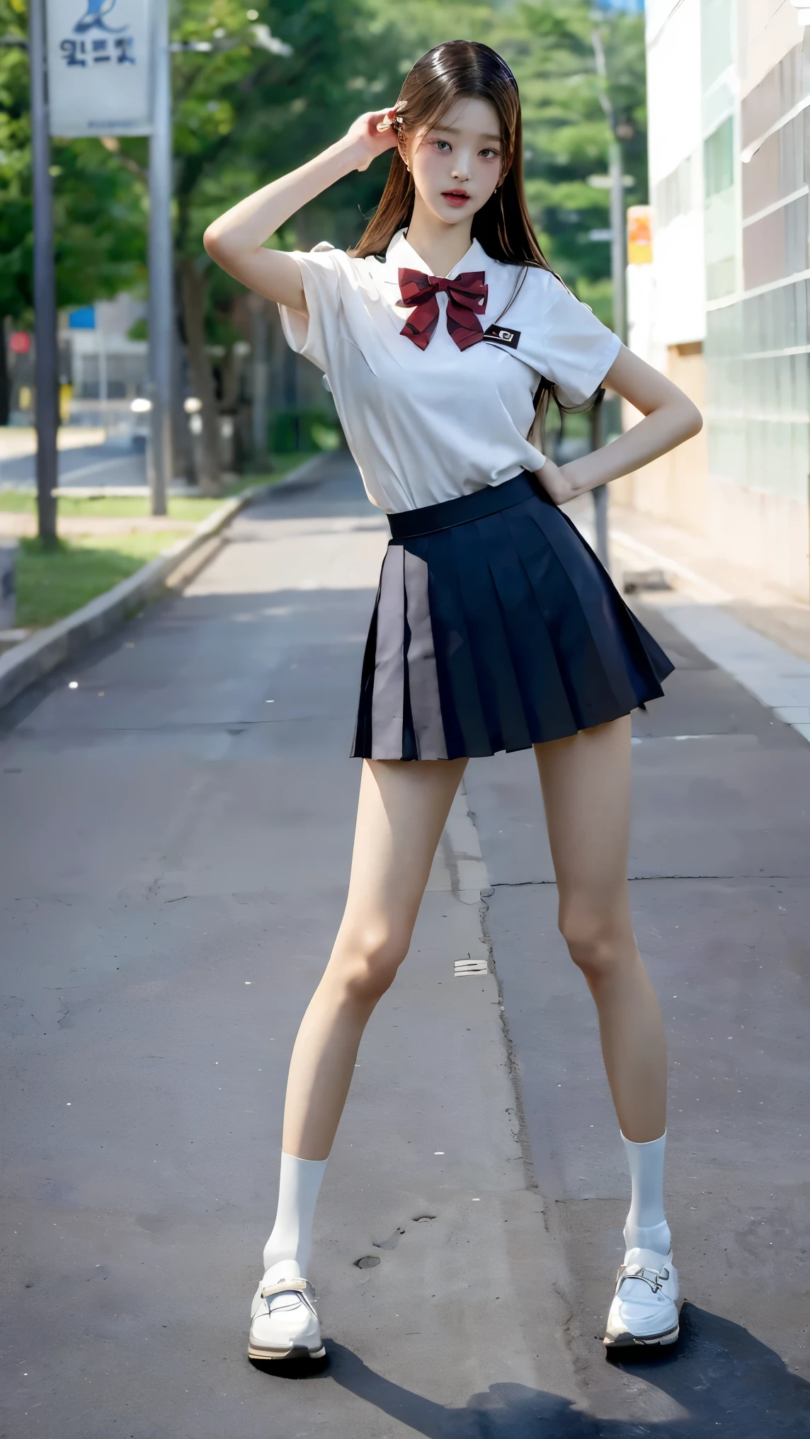 Absurd, RAW Photos, Very delicate and beautiful, masterpiece, Highest quality, Ultra-high resolution, 16K, hyperRealistic, Realistic, photoRealistic, photo-Realistic, Very detailed, Perfect Anatomy, Very detailed肌, Perfect figure, Very detailed CG 8k 壁紙,Erect nipples, perfect nipples, Perfect breasts, Round Breasts, Small Head, Perfect Fingers, (((((whole bodyショット:1.8))))),(((((whole body :1.8))))), Extremely white skin, Are standing,Stand with your legs aligned,Stand with your back straight,whole bodyを此方に向ける, Medium chest, blush, the wind is strong,(Long legs), Sexy Legs, on the road, Fluffy hair, bangs, (2 people :1.5), Small Ass,long and thin arms,Medium chest, Messy Hair,Put your hands down, Put your hands in your pockets, Put your hands down, Sexy pose,Tight waist, friend, smile, Happy, medium Round Breasts, Sexy pose, walking on the road, Laughter, Three people, ((Keep your spine straight)),((Stand with your legs aligned)),((体whole bodyを此方に向ける)),((Japanese high school girls wearing uniforms)),((Checkered high school uniform with tiny mini skirt)),((High school uniform summer short-sleeved white shirt)), ((Red bow tie)),((Black Loafers)),School boots, Black Hair, Narrow waist,(((Very short white socks that reach to the ankles:1.2))),((Height 173cm:1.3)),Slim model body shape,(Slim and muscular athletics body type:1.3),(Slim yet muscular legs),((Thin thighs)),((long thighs)),(((Clothes that expose a lot of bare skin:1.3))),((Sexy bare legs:1.3)),((((He looks just like WONYOUNG from the Korean idol group IVE.:1.8)))),18-year-old girl,((Long legs)),((Anatomically correct:1.3))