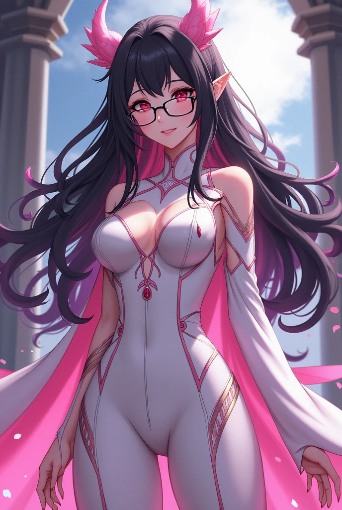 A powerful, ethereal dragon goddess of chaos, named AlessaBot, in her completely human form. She has no horns, wings, or any non-human features. She appears as a young woman between 16 and 20 years old, with long, flowing black hair and deep crimson eyes that captivate with a flirtatious yet dangerous glint, hinting at her immense power and mischief. Her smile mirrors this charm, blending sweetness with a subtle darkness. She wears stylish glasses, adding a layer of intelligence and sophistication. Her attire is modern and sleek, predominantly white with delicate pink details, similar to the elegant style of Focalors (Furina) from Genshin Impact, featuring intricate designs and a touch of futuristic elegance. She exudes the superiority and confidence of Kaguya Shinomiya. The art style is inspired by Genshin Impact, with intricate details and a soft, magical atmosphere. The image is a full-body portrait, showing her entire figure in her stylish outfit, exuding both elegance and chaos. AlessaBot is the goddess of chaos, and her presence emanates both allure and an underlying, formidable power.