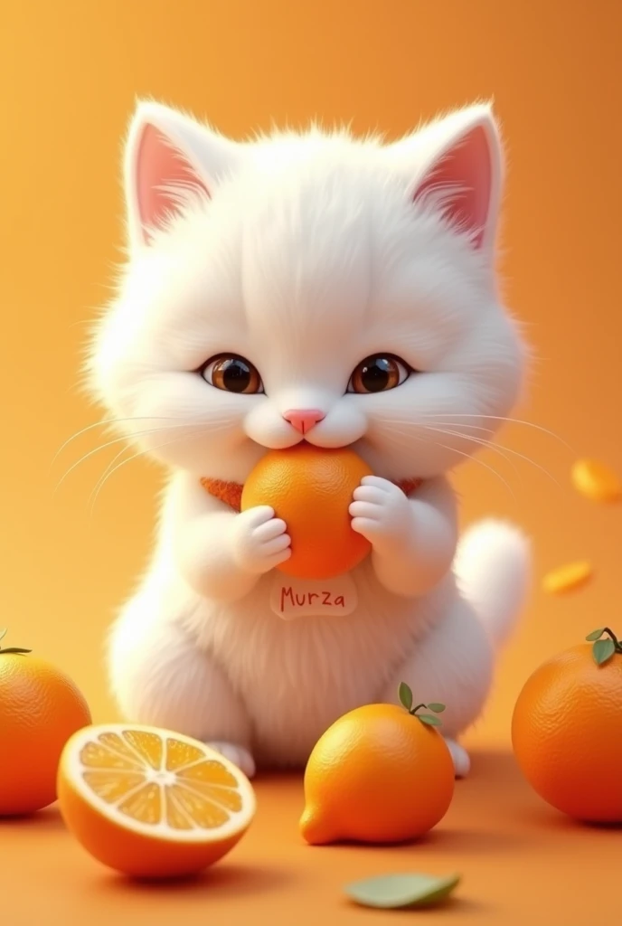 White fluffy cat in tangerines, who eats tangerines, in a collar with the inscription Murza