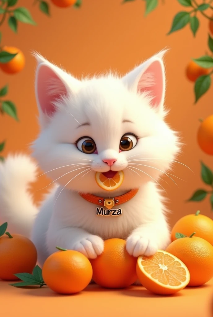 White fluffy cat in tangerines, who eats tangerines, in a collar with the inscription Murza