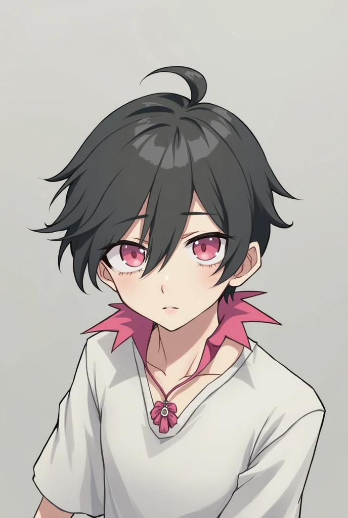 bangs, Droopy eyes, Three white eyes, Black Hair, 斜めbangs, Natural Curl, Inner Color, Very short hair, Simple Background, Background Blur, Japanese illustration style, male,Mash Hair,Pink Eyes,Collar hair,ピンク色のInner Color,ピンクのCollar hair,Pink nape，male性俯瞰, A series of character actions, 