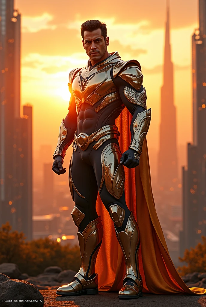 Salman khan wearing krish costume standing between skyscrapers in sunset 