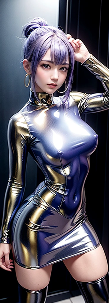 Best Quality, High resolution, 2, One person, Artificial Human Room No. 18, only, Purple Hair, blue eyes, short hair, Cute smile,Earrings, gem, (Beautiful breasts with medium breasts)Protruding nipples, Hidden Skin, Golden Uniform, Silver Armor and Gold Clothes, Shiny plastic armor skirt, Cyberpunk Shiny Latex Skirt, Chrome Armor Suit, Futuristic Shiny latex skirt, Shiny in the rain, Shiny latex, Shiny glossy reflection.