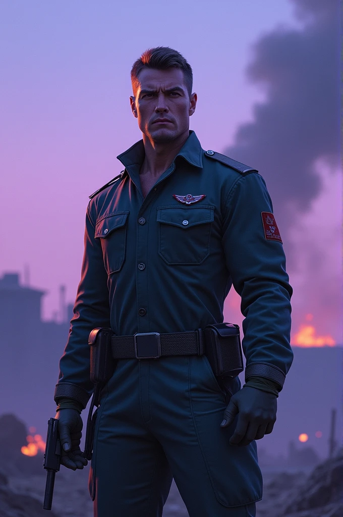 Brutal, handsome male short hair wearing dark green -blue pilot uniform , gun, standing in front of purple war zone, blue sky in the morning, purple atmosphere 