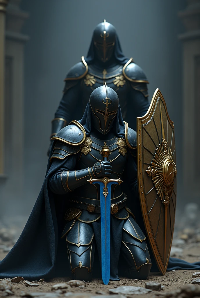 A soldier wearing an armor with a black color and golden edge, kneeling down on one knee holding a blue sword on his right hand, A golden shield on the left hand, Christ with no face standing behind the soldier with no face