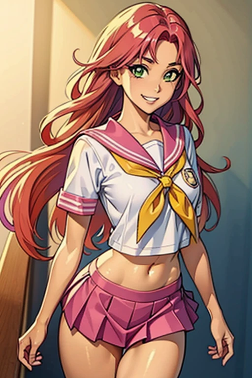 starfire, pink_Japanese_sailor_uniform, white_top_and_magenta_skirt, yellow_cloth, two_yellow_ribbons_in_hair, shiny_red_hair, cute_grin, skinny_body, school, realistic_legs, high_resolution, 8k