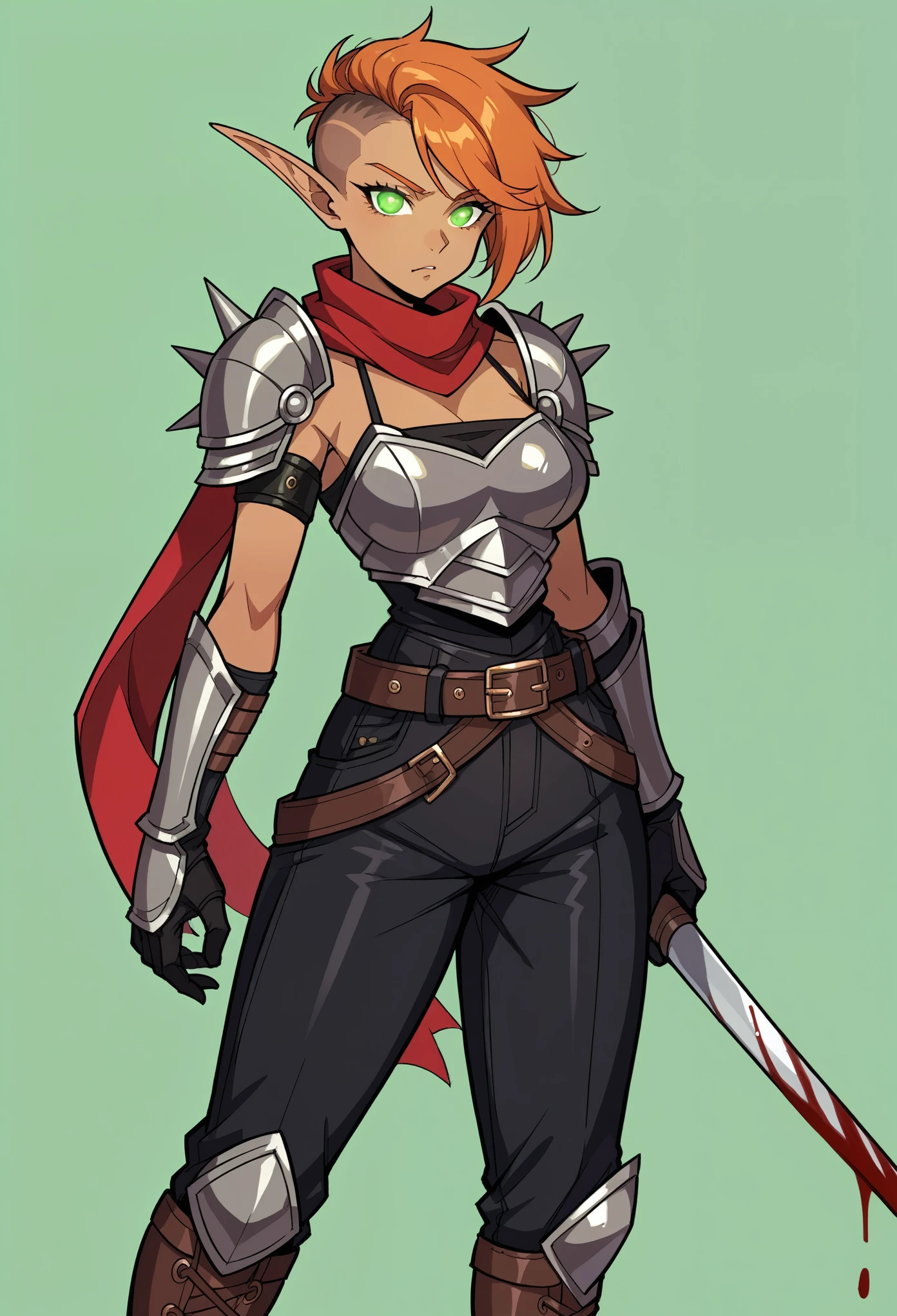 score_9, score_8_up, score_7_up, score_6_up, score_5_up, score_4_up, BREAK source_anthro, source_furry, source_anime, rating_safety, 
1girl, solo, blood elf, tan skin, long hair, orange hair, green eyes, glowing eyes, short hair, side shave, messy hair, swept bangs, Black halter top, brown laces, red scarf, single spiked shoulderpad, black armbands, studdled leather gloves, iron armor belt, black leather pants, red half-kilt, iron waist armor, Black boots brown laces, breasts, simple background, green background