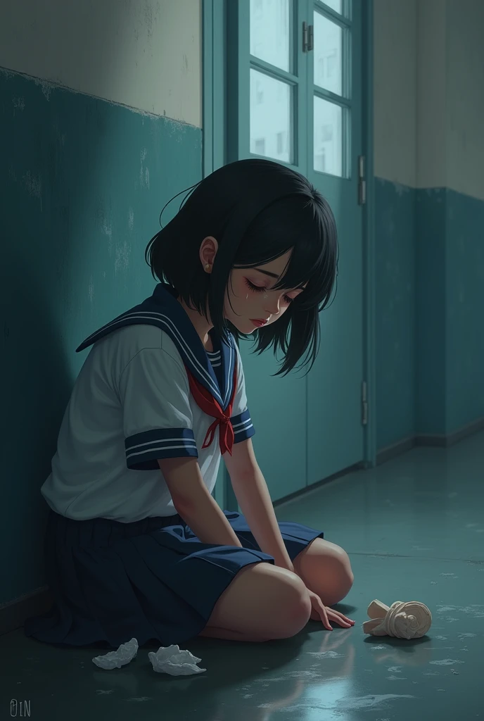 Girl crying and sitting at school