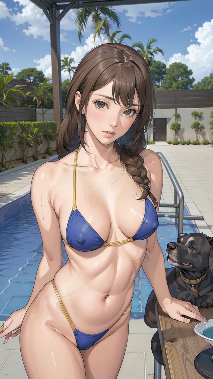 Highest quality, Official Art, masterpiece, Fabric Shading, High resolution, Very detailed, colorful, inside pool, Best details, (Adult,30 years old, Mature Woman, conversion:1.5, Female dog, Long Hair, Brown Hair, single braid,Swimwear:1.5, Center of chest, Puffy nipples:1.3, skinny:1.5, Camel Toe:1.5, Public indecency:1.5, Beach:1.5, derogatory, people々Surrounded by:1.5,Asymmetrical bangs,