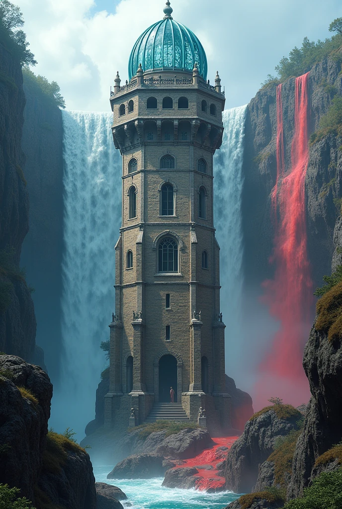 High tower,Mediovale, glass dome, between two waterfalls, red waterfall.