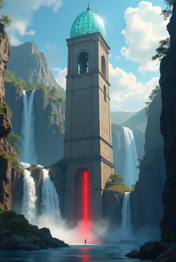 High tower,Mediovale, glass dome, between two waterfalls, red waterfall.