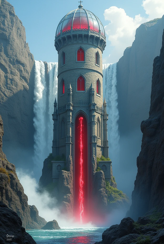 High tower,Mediovale, glass dome, between two waterfalls, red waterfall.