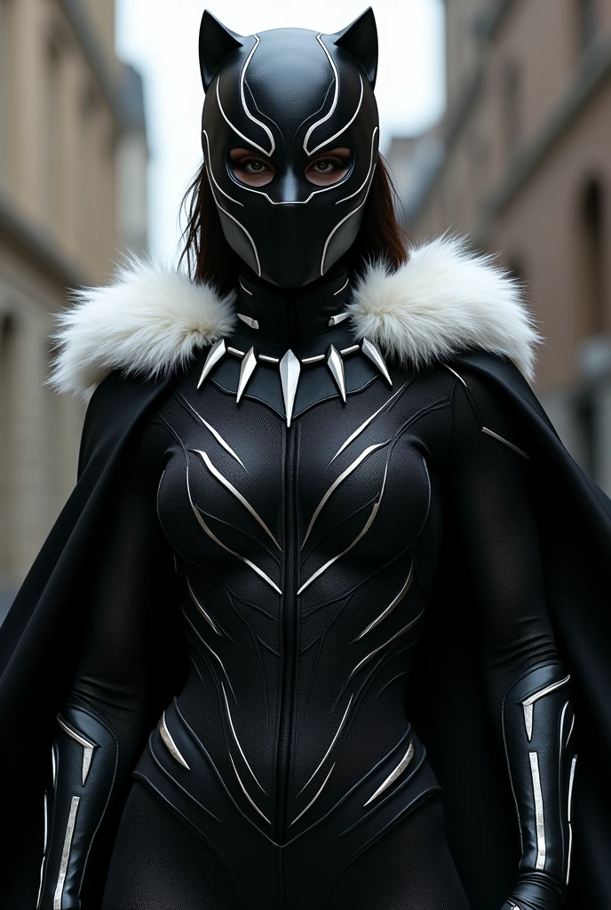 1 woman, superhero, black panther, full-face mask, black cape, white fur collar