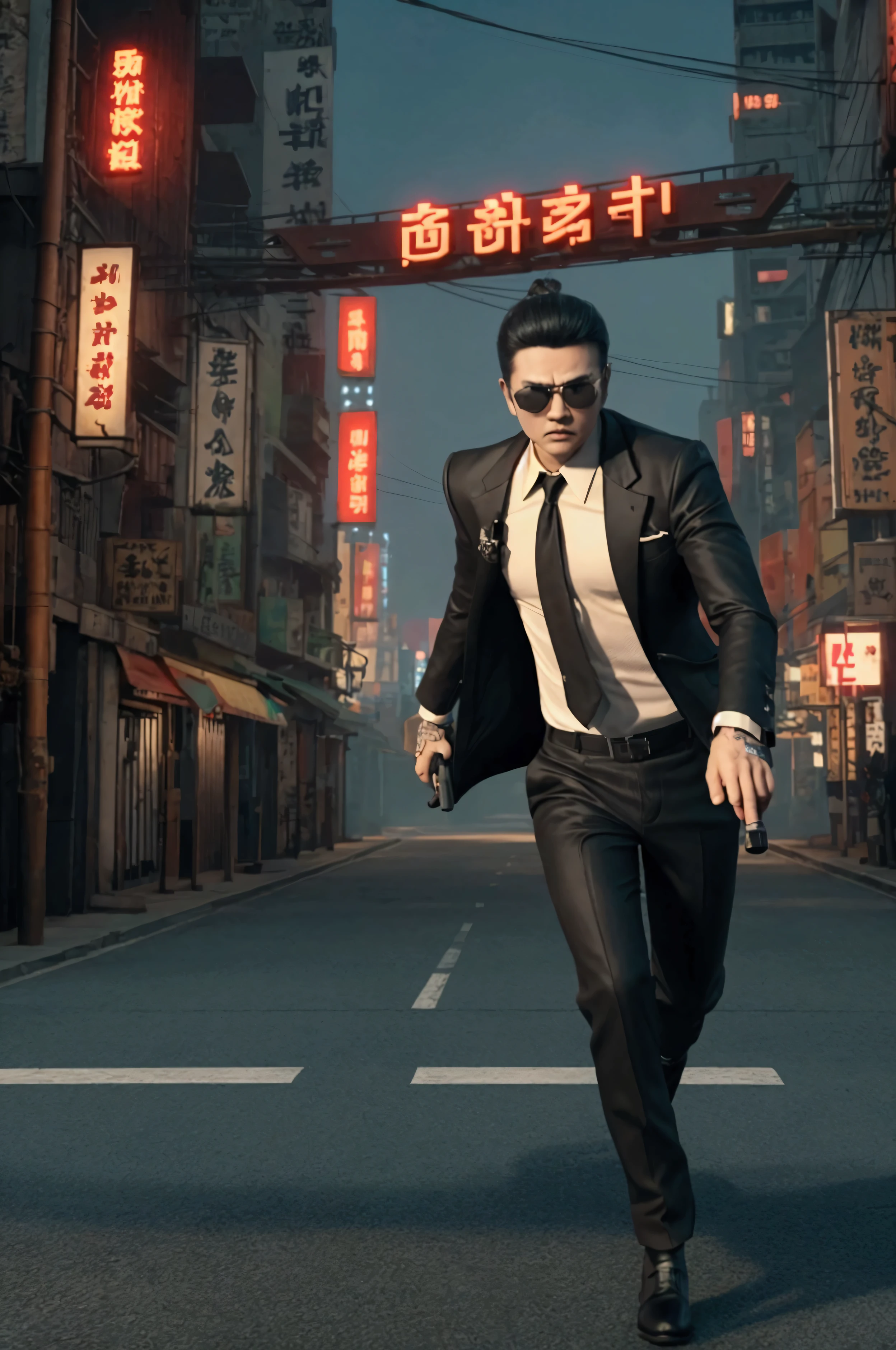 a stylish 3d gangster hold gun and run away from waaji city add background of the image waaji name board rough look