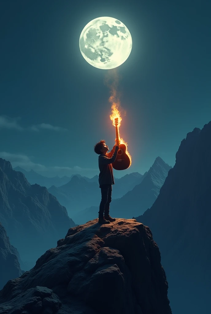 A boy on a mountain in night standing with a burning guitar in his hand looking at the moon