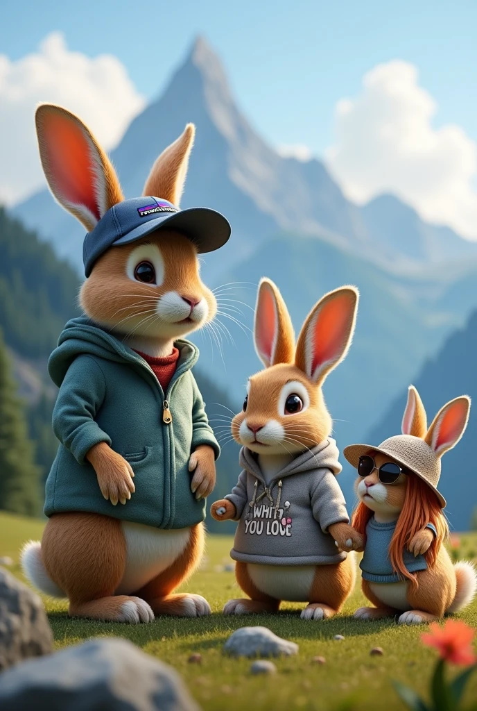 create 4 rabbits on a mountain in Berchtesgaden that should look like this:
the first and largest rabbit is male and wears a cap from Patagonia.
the second rabbit is also male and a bit smaller than the first. He wears a hoodie that says "watch out who you love".
The third rabbit is female and a bit smaller than rabbit two, with sunglasses and long blonde hair.
The fourth and smallest rabbit is also female and wears a sun hat and has red hair.