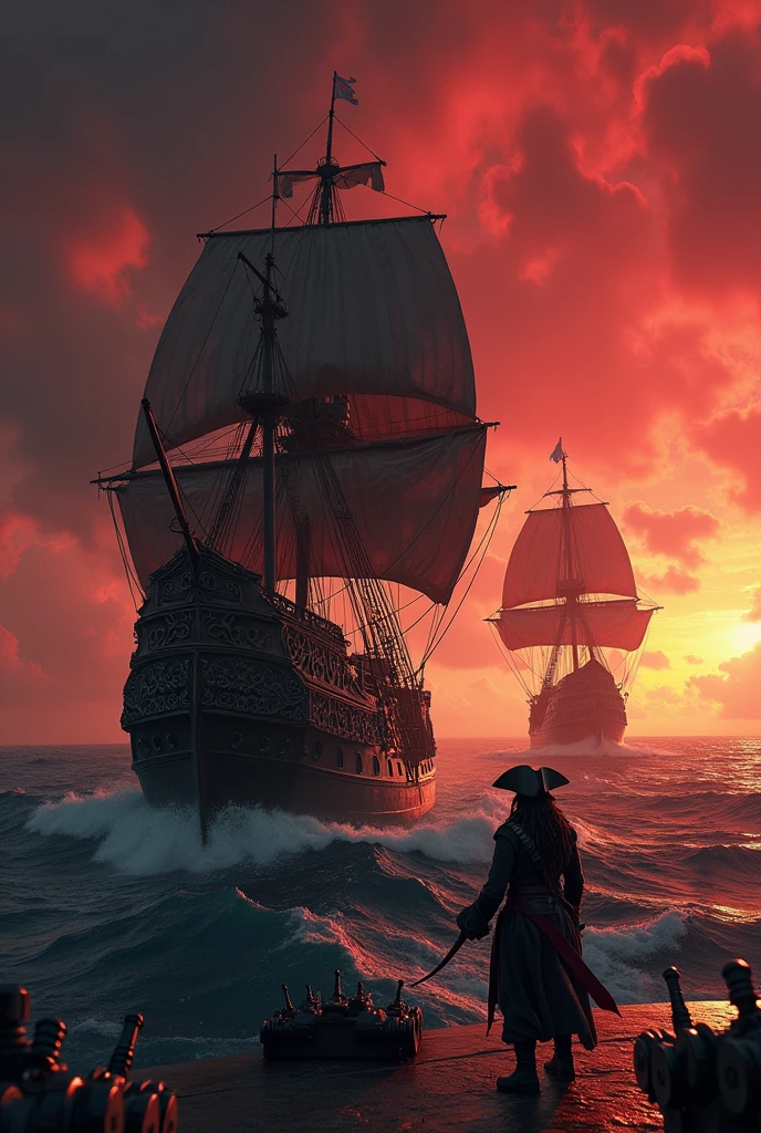 Create a vivid description of Jack Sparrow leading his crew on the Black Pearl in a fierce naval battle against a rival pirate ship under a blood-red sky.