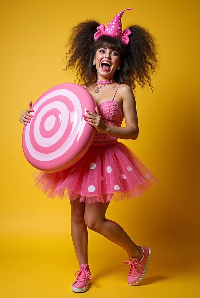 A playful woman holds a large candy and grins mischievously, her pose exaggerated. She is wearing a unique and colorful outfit with oversized accessories, giving her a strange and fun look, the candy though large, is designed in a cute and almost toy-like style, adding to the playful and cheerful feel of the scene. The background is bright and cheerful, adding to the overall playful atmosphere. very realistic, studio lighting, sexy, big boobs, naughty, cinematic