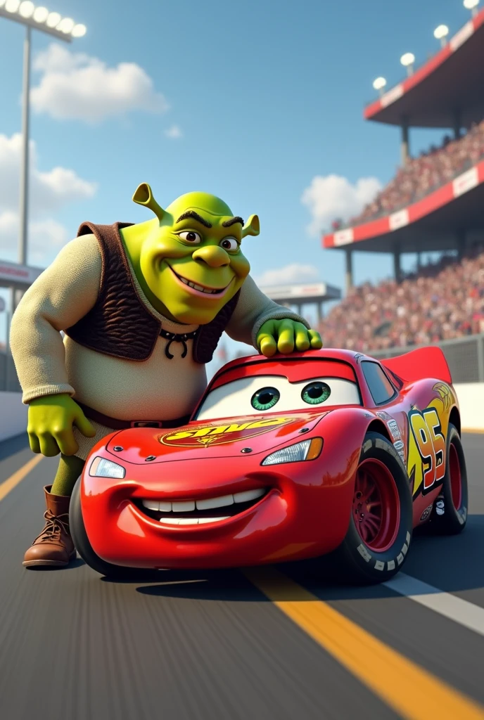 Crée moi une image de Shrek qui se reproduit avec Flash McQueen sur le Daytona