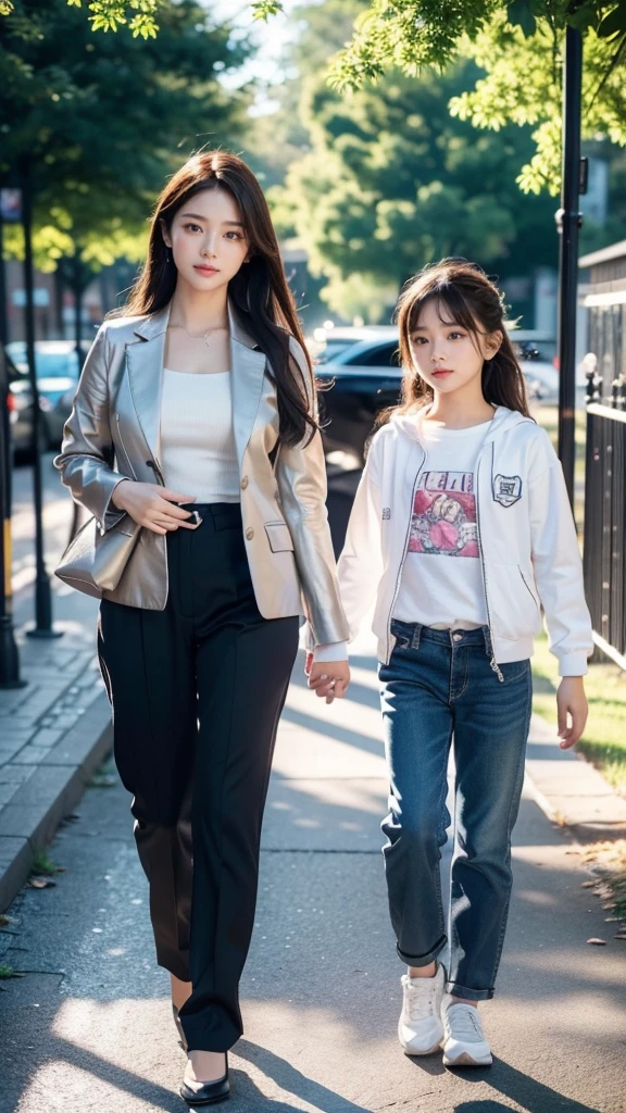 A beautiful 31-year-old mother and her adorable 6-year-old daughter are having fun walking in a park.、Shirt, jacket,trousers,long hair,(best quality,8ก,height,Masterpiece:1.2),Very detailed,(realistic,photorealistic,photo-realistic:1.37),HDR,UHD,studio lighting,ภาพวาดที่Very detailed,Sharp focus,Physical rendering,คำอธิบายรายVery detailed,professional,bright colors,Bokeh, Portrait,Colorful and vibrant color tones,Soft and gentle light.Highest picture quality,ภาพrealisticเกินจริง,(8k),see full body,Anatomically correct, detailed skin, (detailed face), Very detailed and delicate eyes, Clean and shiny lips, (Very detailed:1.3), (best quality:1.3), (Masterpiece, 8k:1.3), (realistic:1.3), natural light