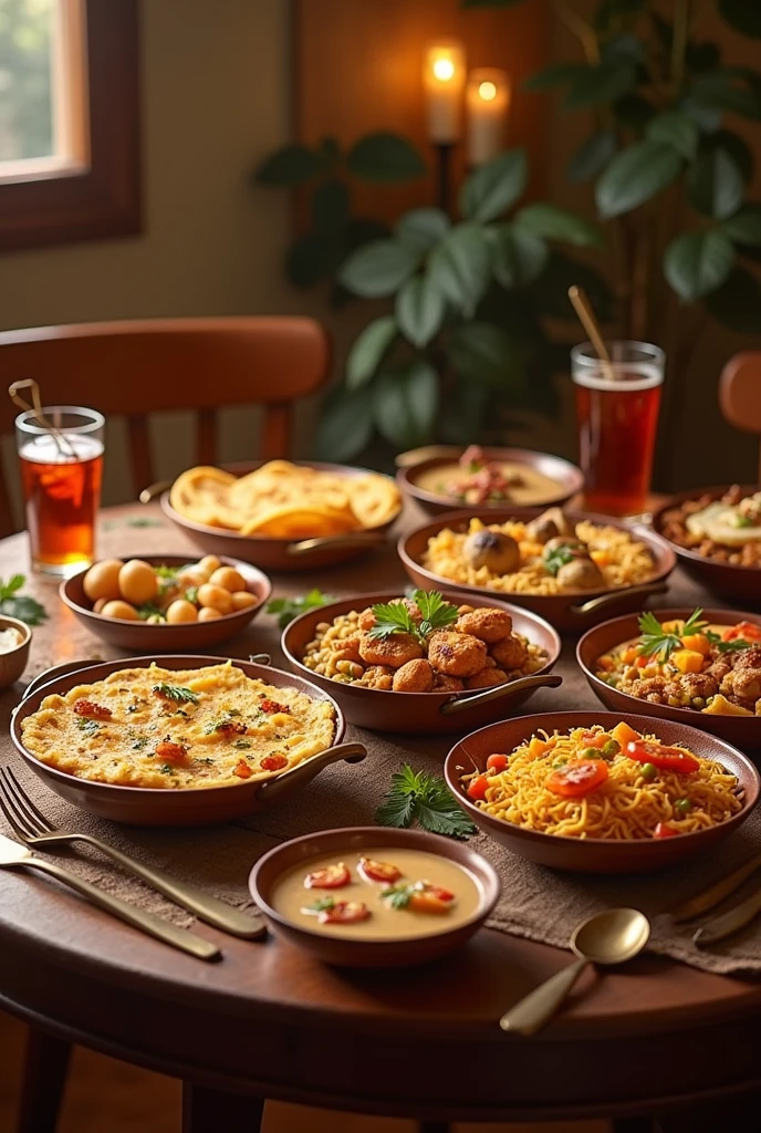 Make a dishes of Aloo paratha , sada paratha , chai , keleji salan biryani kabab, roti, Maggi ,cold drink, cutlery make it real