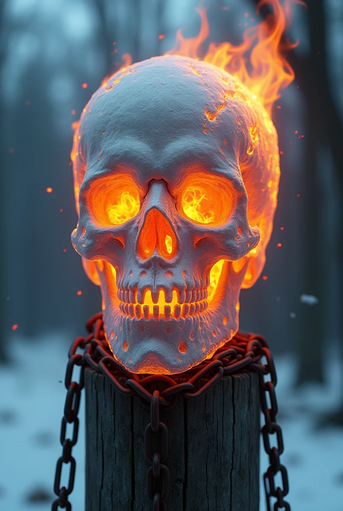 An ice skull in the foreground tied to a post by chains of fire 