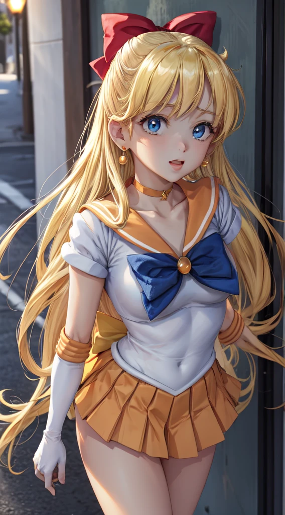 Masterpiece, Best Quality, High Resolution, Venus1, 1Girl, Solo, Sailor Warrior Uniform, Sailor Venus, Minako Aino, Blonde, Magical Girl, Blue Eyes, Orange Skirt, Elbow Gloves, Headgear, Pleated Skirt, Bow, Orange Sailor Collar, Miniskirt, Choker, Red Bow, Orange Choker, White Glove, Extra Long Hair, Jewelry, Earrings, Outdoor, Street, Walking, Front