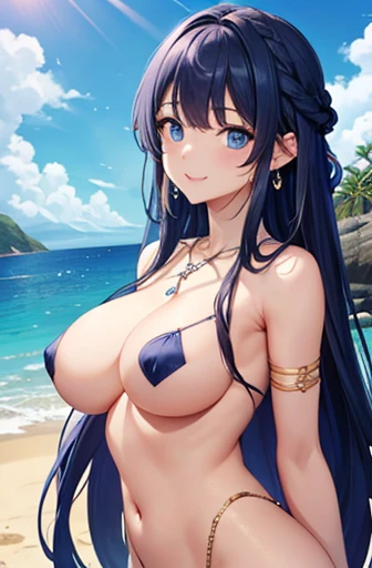 Highest quality、Highest quality、masterpiece、(8k),beauty(Age 25)、Navy blue long hair(Braiding of sides)、blue eyes、Completely naked、Completely naked、Nipples、Big cleavage、Big Breasts、smile、blue necklace、Blue Earrings、background(Beach)、Please open your mouth wide、bracelet、Arch Pose