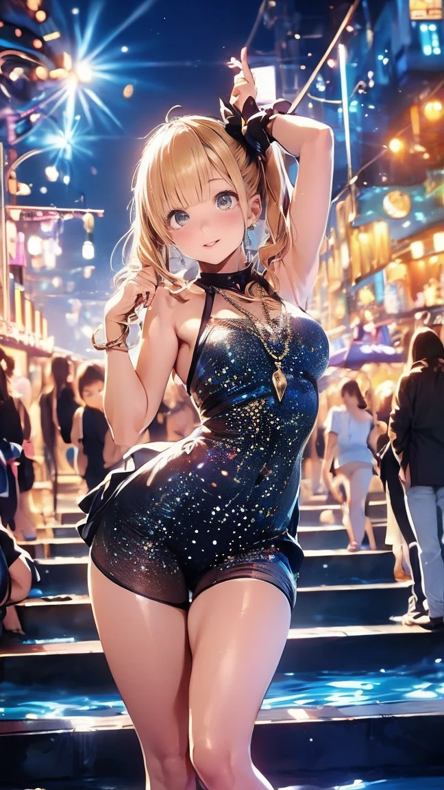 ((masterpiece)),(((Highest quality))),Comiket scenery、Big Sight、International Exhibition Hall、Thin thighs,Long legs,whole body:1.5，(:1.3),(もっと美しいsummerのラフな格好：1.3),(Wearing light casual clothes:1.2),Short Blonde:1.2、Idol Pose，summer、flowerpunk、Idol Group、Sparkle Effect、Light effect particles、Vivid gradients