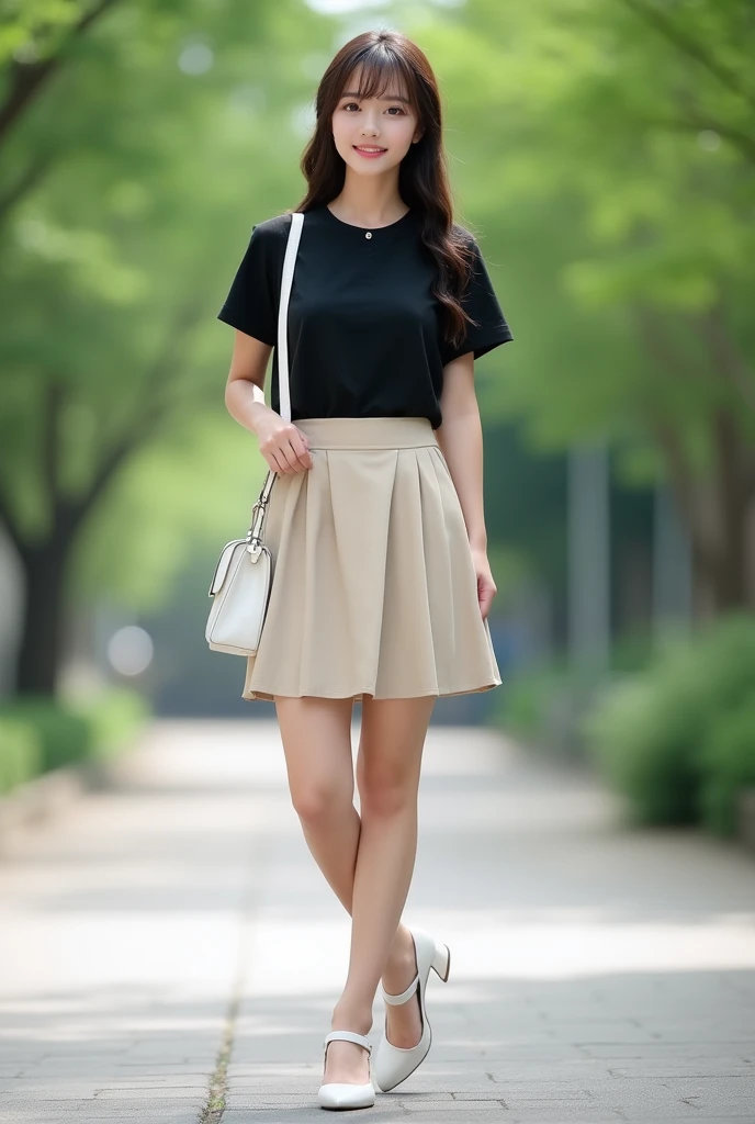 ((masterpiece, top quality, 8k, RAW photo, realistic, ultra highly detailed)), 1 girl, (japanese face:1.4), 20 years old, big smile:1.5, perfect cute face:1.4, well groomed face, perfect body:1.4, dark brown hair:1.4, long hair, natural makeup, (double eyelid, full body shot, standing, beautiful legs:1.3), ((black shirt, short sleeve, light beige front buton skirt, below knee length, white strappy heels, have a white bag)), (in campus:1.5)
