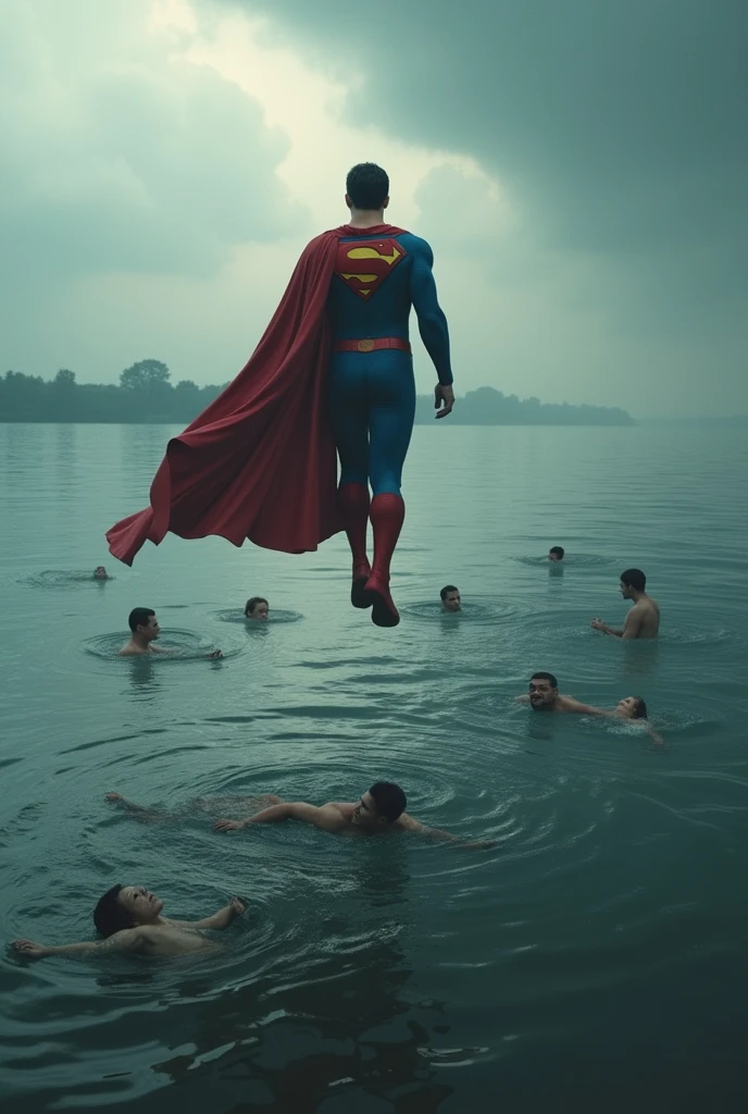 Super man is flying and seeing flooded people where everything is under water and people floating. Make image without any building. Ony water everywhere.