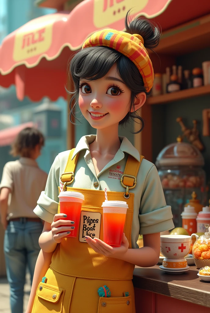 Person selling paperboat juice at hi shop