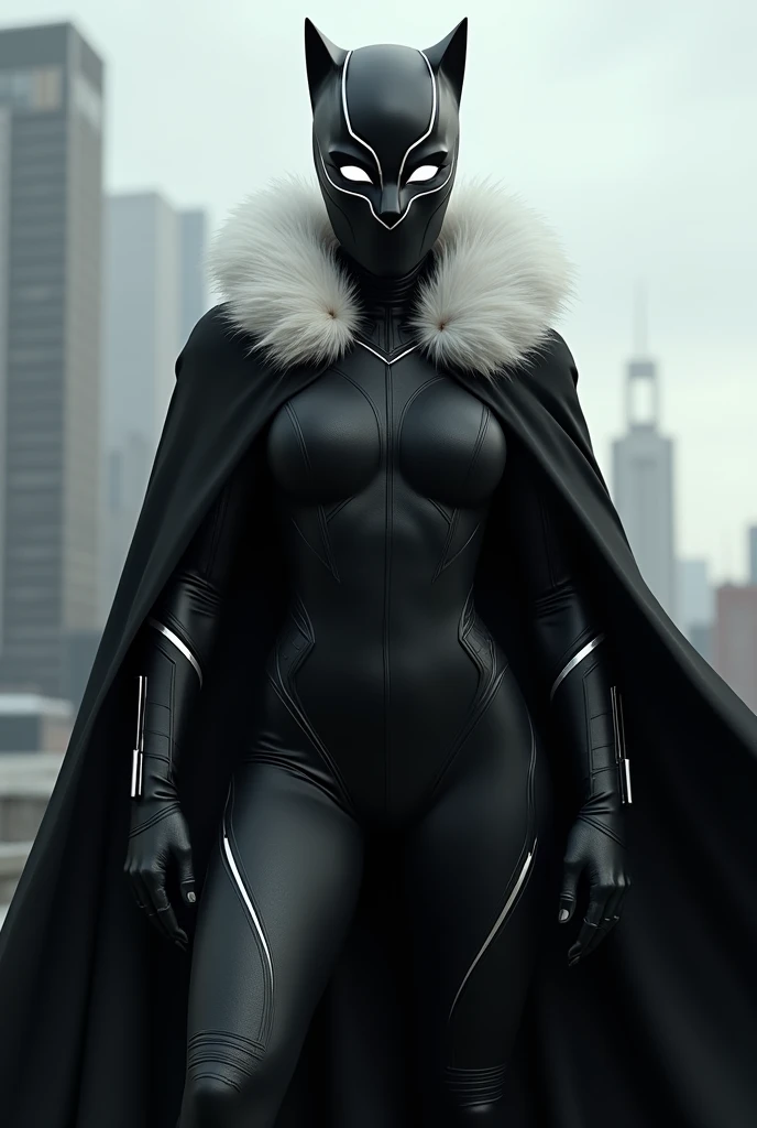 1 woman, superhero, black panther, full-face mask, white eyes, black cape, white fur collar