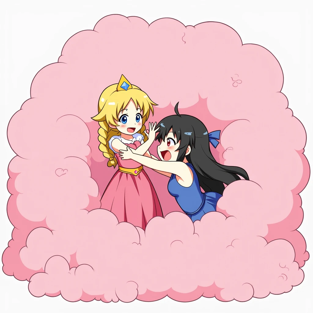 An anime-style illustration depicting princess and lady playfully wrestling with each other inside a pink comical fight cloud (dust cloud).
one princess with blonde braided and blue-eyes and pink-dress, and one lady with black long hiar and red-eyes and blue sleeveless-kimono.
their faces,hands,and feet are visible emerging from the cloud as they tussle humorously,  with the rest of their bodies completely hidden inside the cloud.
the illustration emphasizes the humorous and energetic nature of their scuffle,with a fluffy  and exaggerated fight cloud.